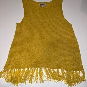 PEPIN Fringe Knit Tank Top Womens Small Yellow Excellent Boho Sleeveless Sweater